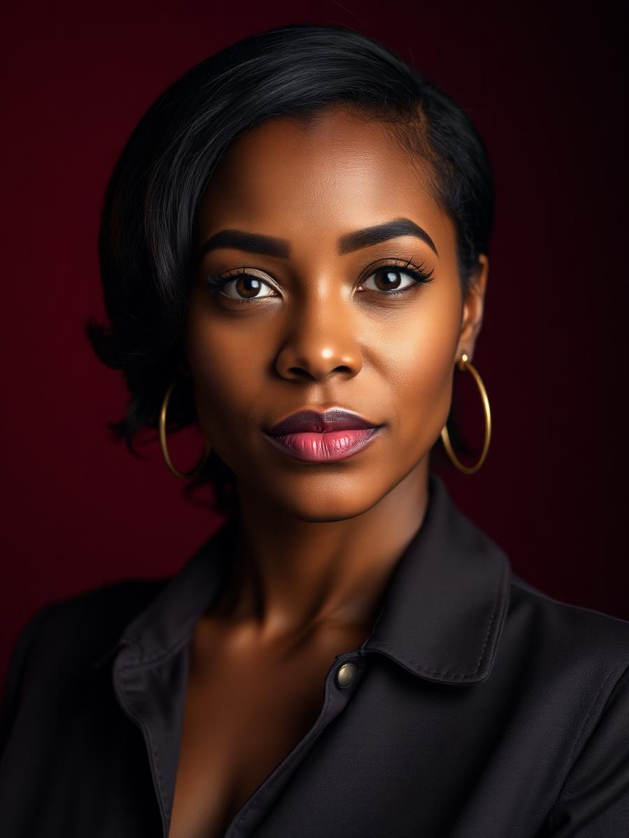 Retrato de empreendedora negra em fundo vinho