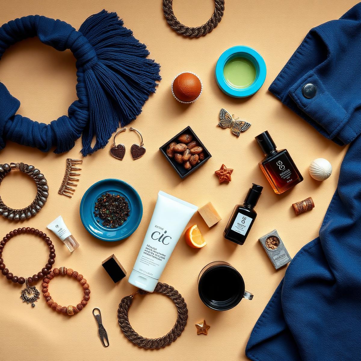 Produtos de moda, beleza e gastronomia expostos sobre uma mesa