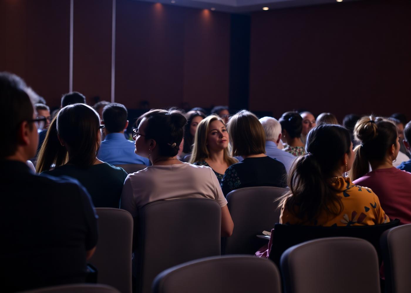 Público assistindo a uma palestra em auditório